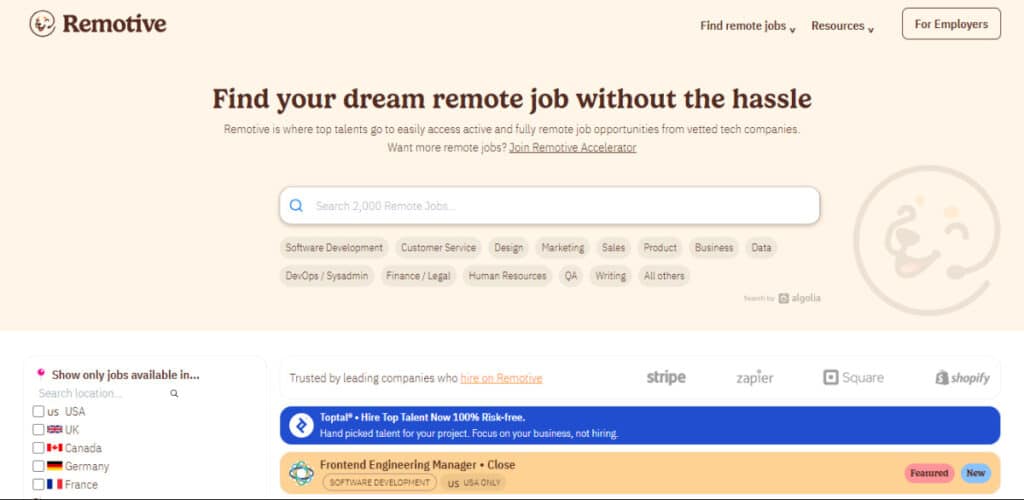 View of the homepage of Remotive 