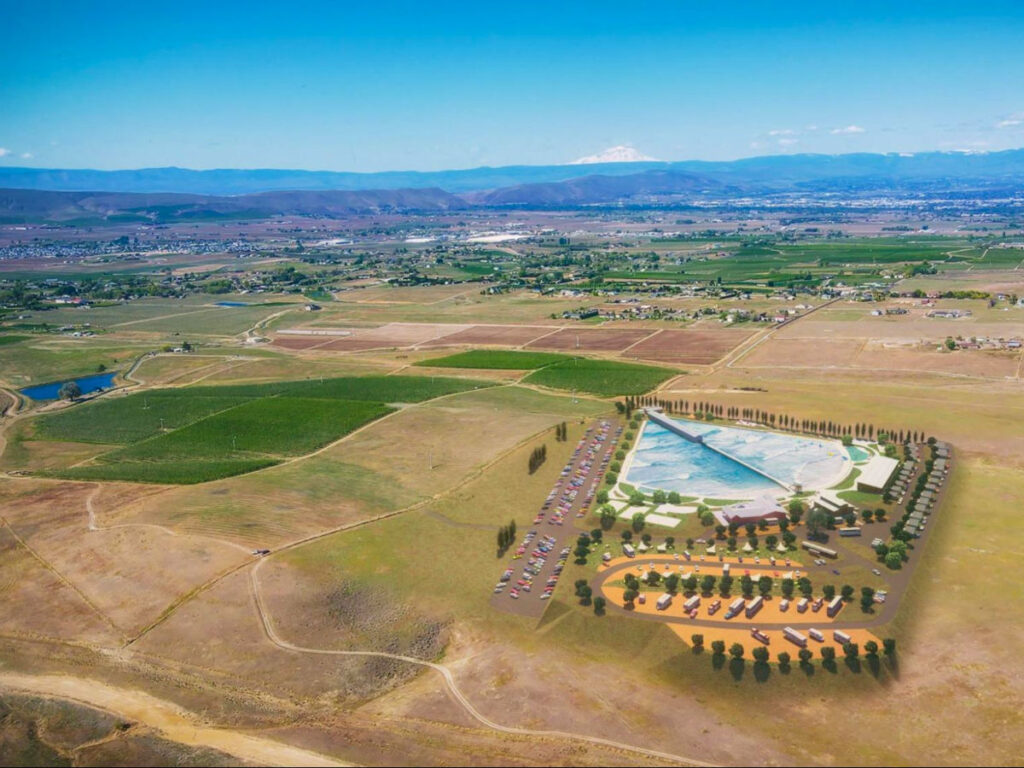 A rendering of an aerial view of the Barreled Surf Park which is currently in development