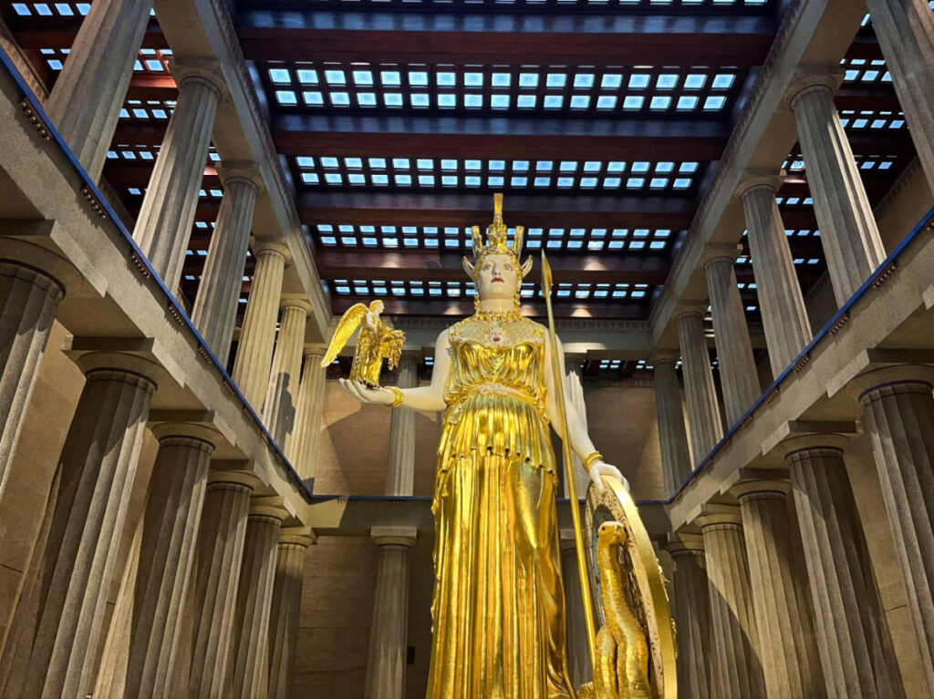 The replica of the golden statue of Athena in the Nashville Parthenon