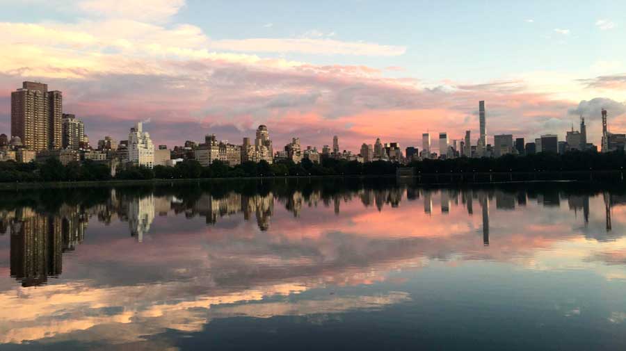 View of the skyline in NYC at sunset