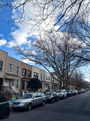 View of the cars parked along the street in front of the residential homes