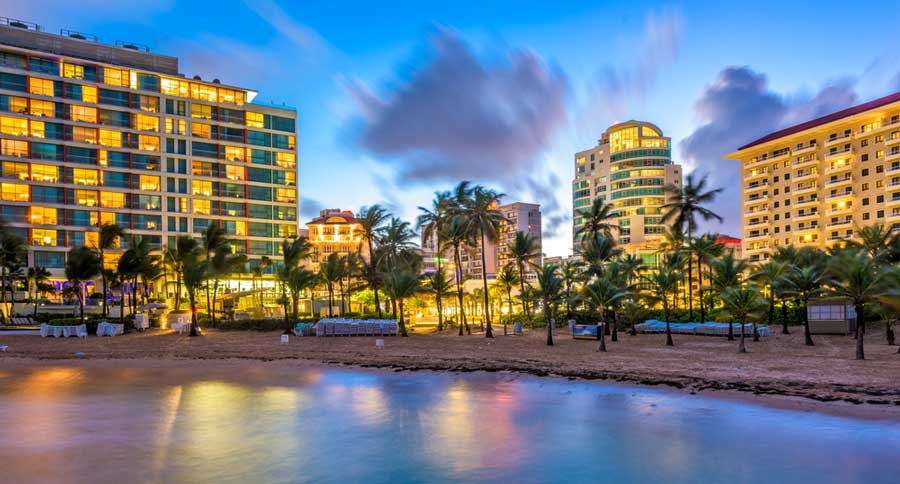 A resort skyline in Condado before night time