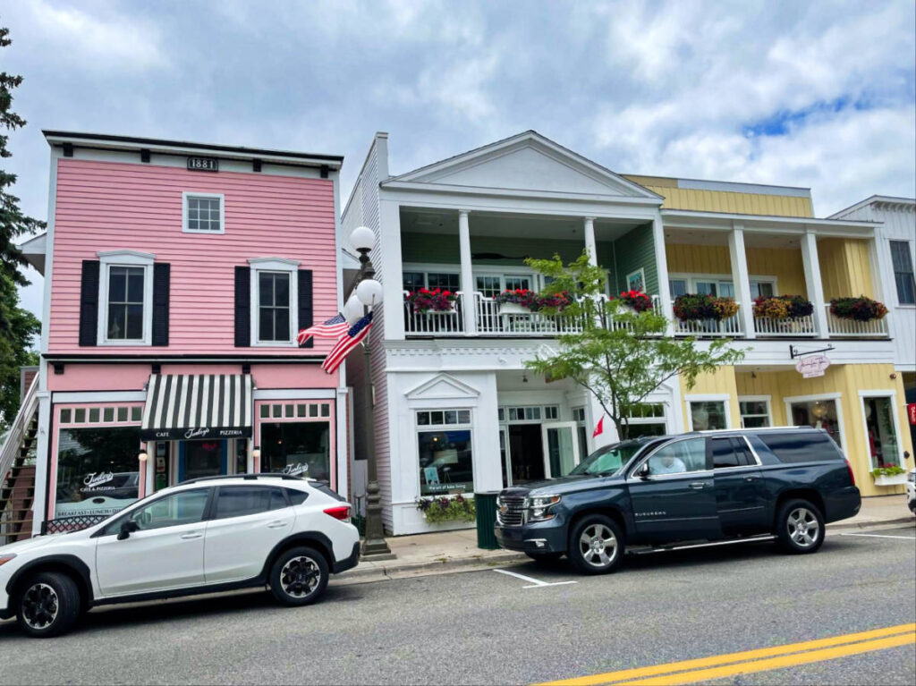 View of the colorful restaurant buildings along Downtown Harbor Springs
