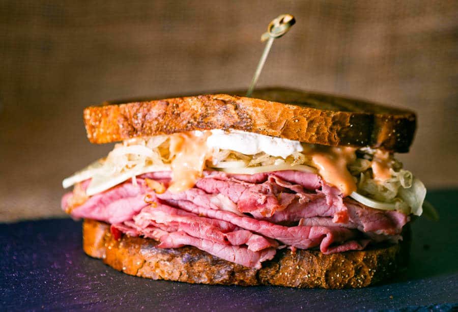 Closeup view of the roast beef reuben sandwich