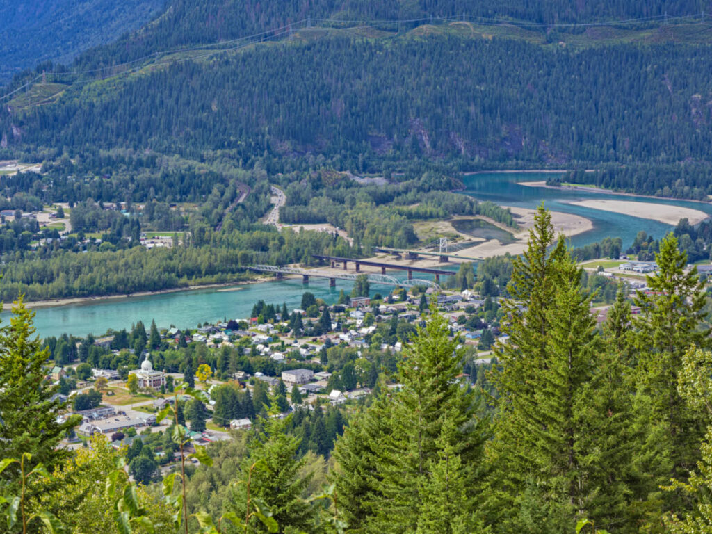 A view of Revelstoke townsite and bridges crossing the Columbia River