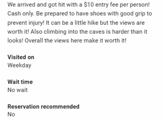 One of the visitors' review for Cueva del Indio