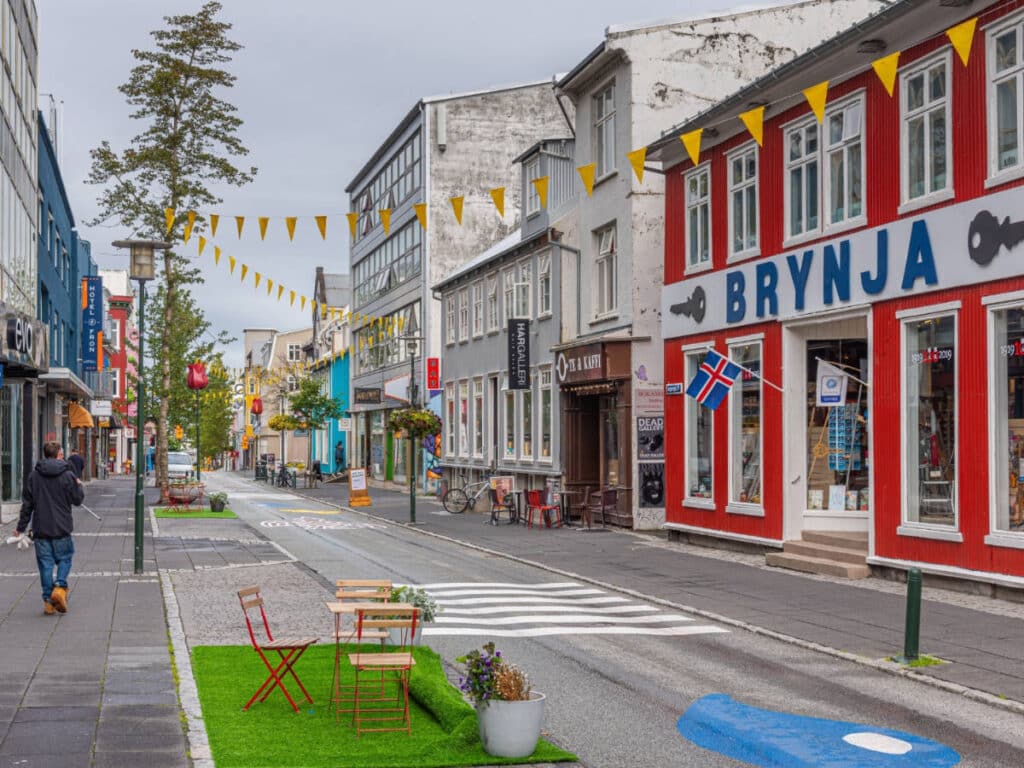 View of stores and people at the Laugavegur street in Reykjavik, Iceland