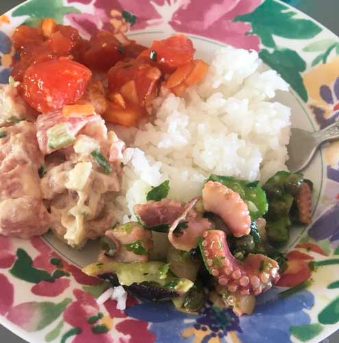 A plate of rice meal with an octopus and other side dishes