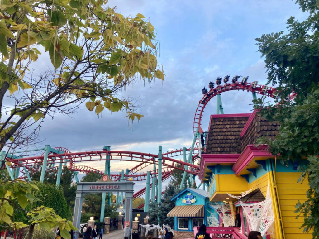View of the extreme rides from a distance in Elitch Gardens