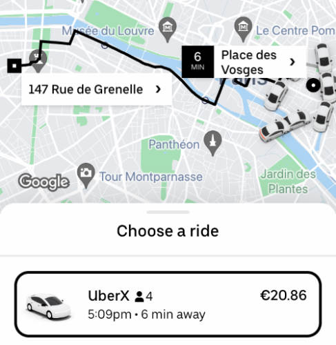 The Uber app showing the price from one location to another