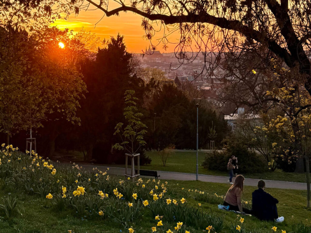 A couple sitting in Riegrovy Sady and looking at the sunset