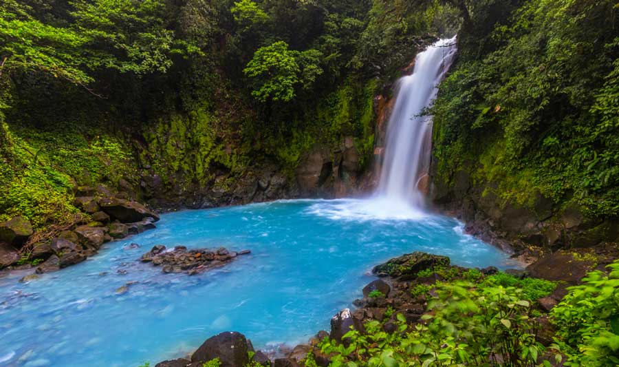 Scenic view of a waterfall in Río Celeste