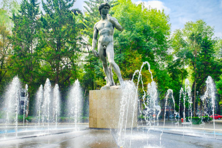 View of the statue at Rio de Janeiro Square in the Roma Norte neighborhood of Mexico City