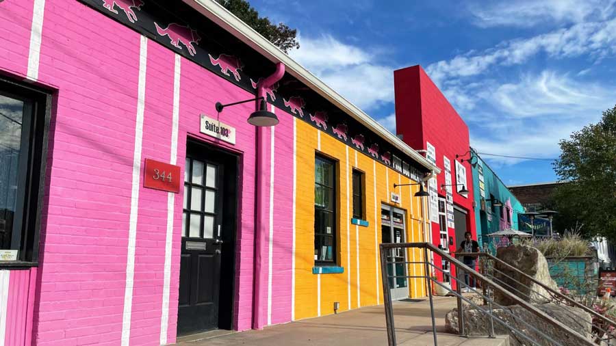 Colorful shops at galleries in River Arts District