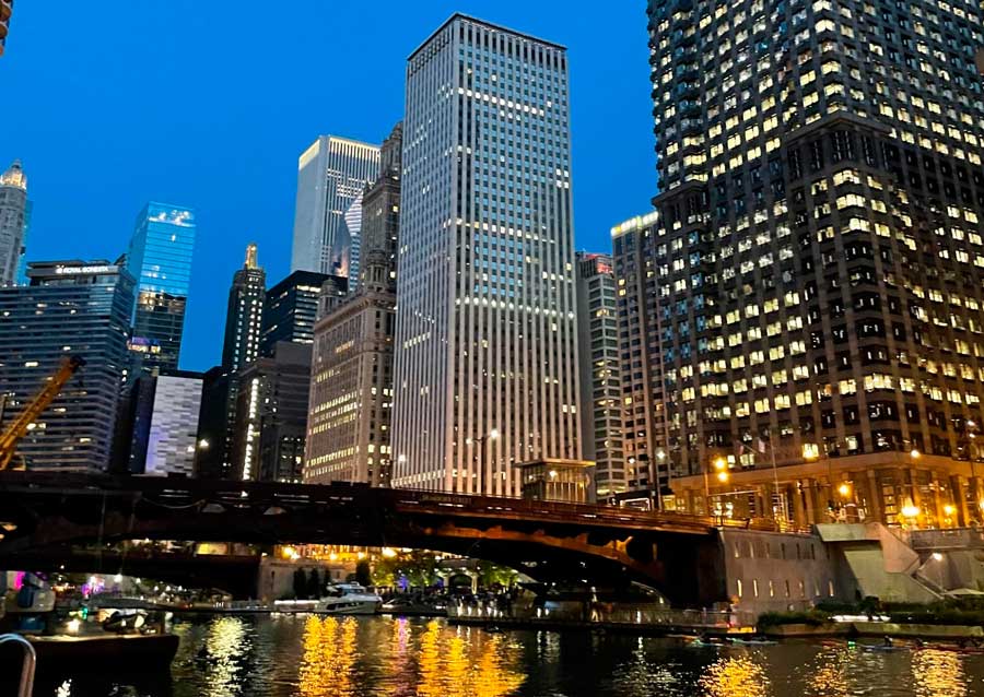 Buildings around the River North at night