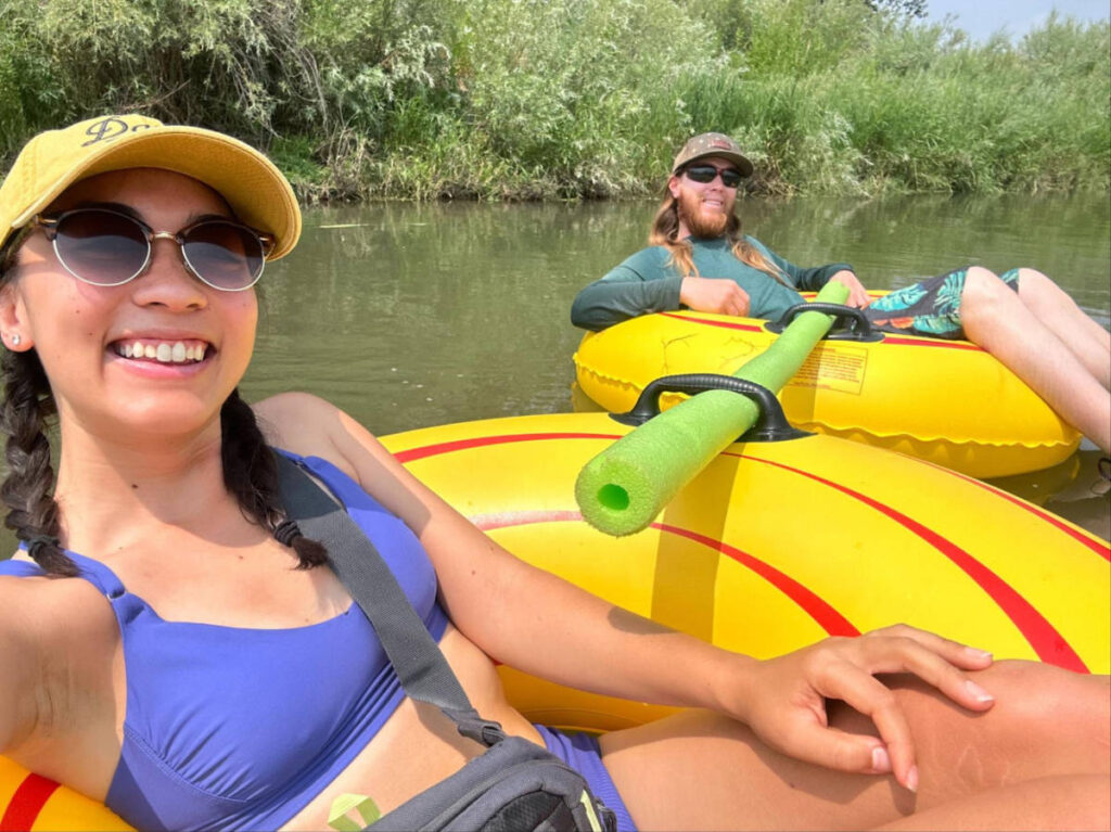 Travel Lemming editor, Abigail Bliss with her husband river tubing at South Platte
