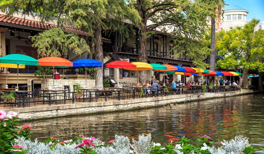 Colorful big umbrellas at the Riverwalk in San Antonio