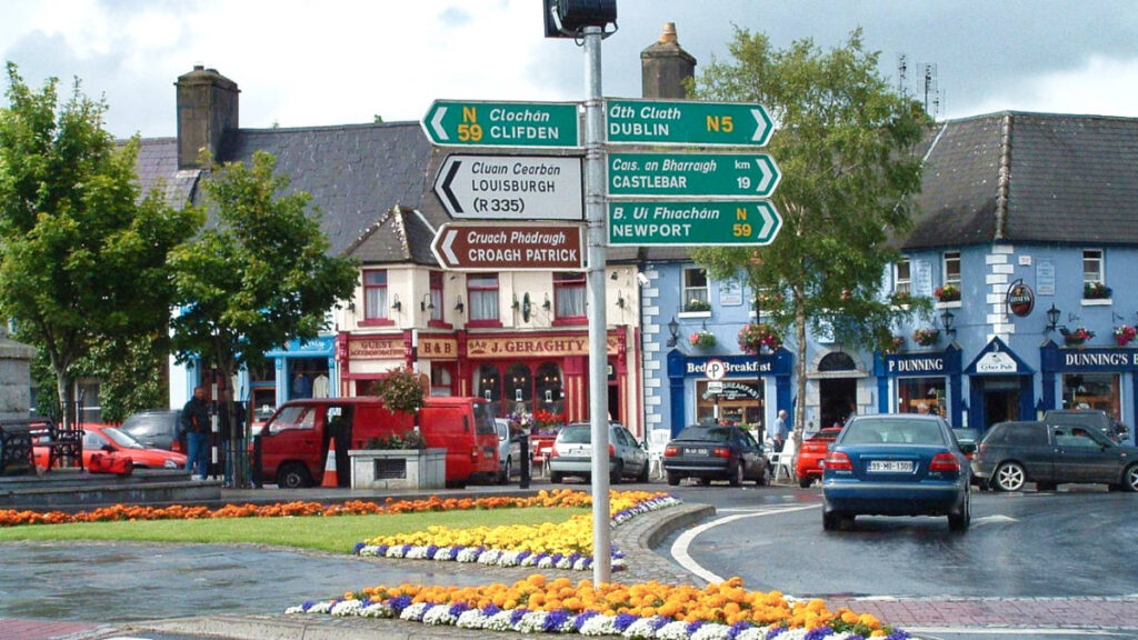 A lamp post with road signages in the middle of the road with colorful flowers below