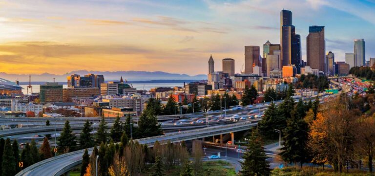 View of roads and buildings at Downtown Seattle