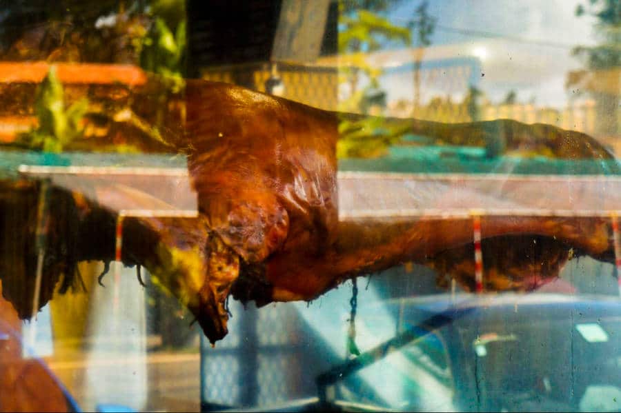View of the roasted pork from the glass wall