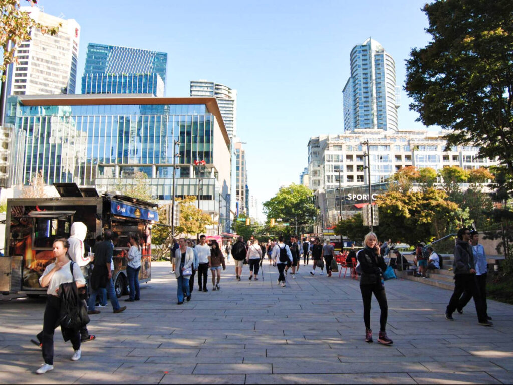 View of the crowd at the pedestrian plaza in Robson Street