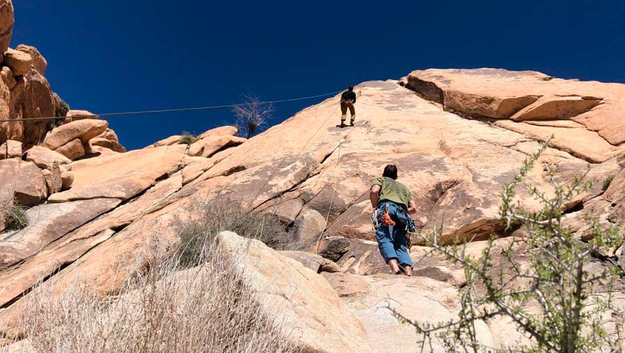 The author's friends rock climbing in Joshua Tree National Park