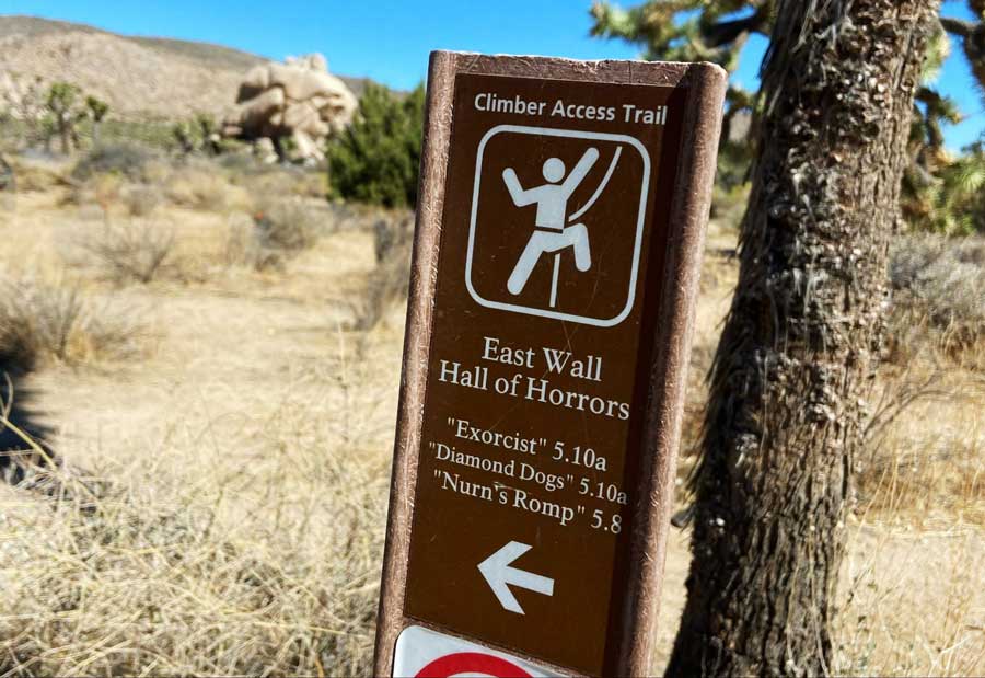 View of a rock climbing sign in Joshua Tree