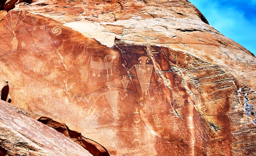 View of petroglyphs on a rock wall