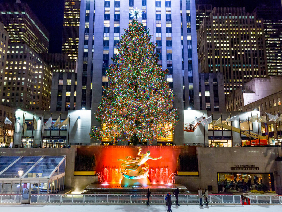 The Rockefeller Center Christmas tree with colorful lights during Christmas season