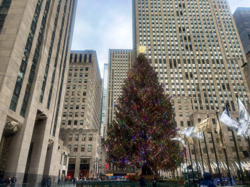 View of the huge 2023 Christmas Tree at the Rockefeller Center