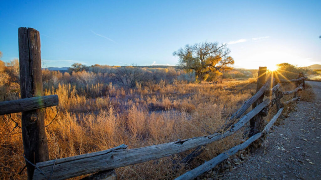 A scenic view of a fence and vegetation at Rockin’ River Ranch State Park in Camp Verde, Arizona