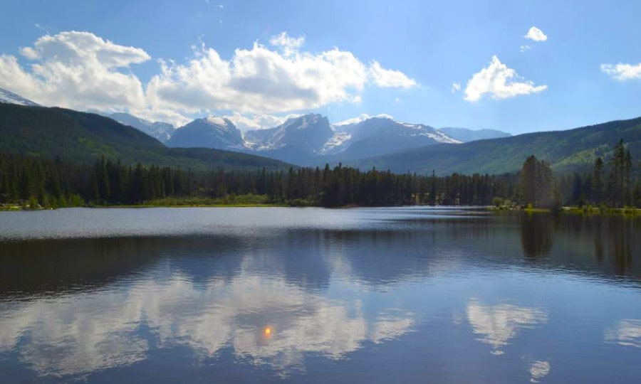 View of mountains reflecting against a lake in Rocky Mountain National Park