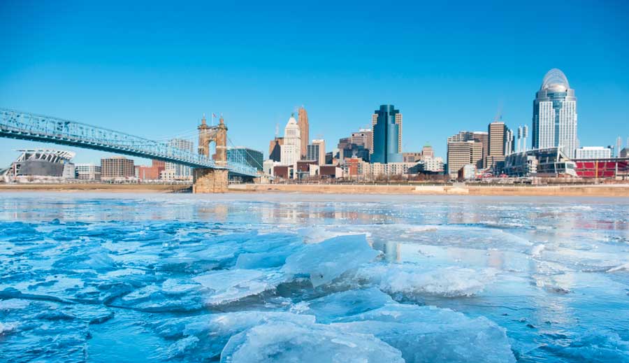 View of the Roebling Bridge and the frozen Ohio river