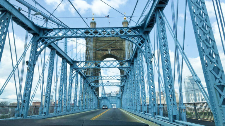 View of the cars on the Roebling Suspension Bridge