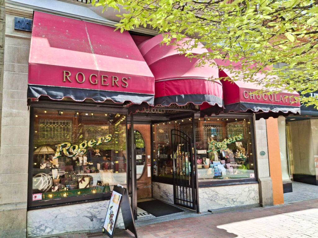 View of the red awning outside the Rogers’ Chocolate Shop