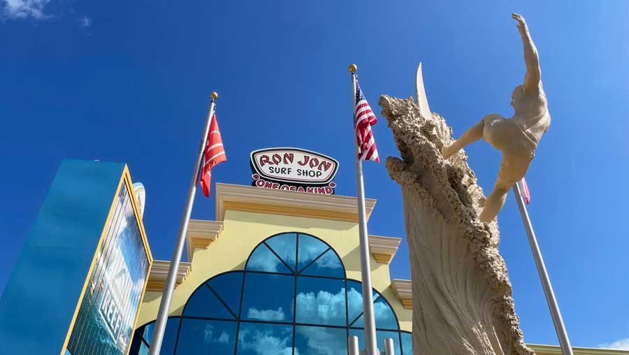 The Ron Jon Surf Shop building under the clear blue sky