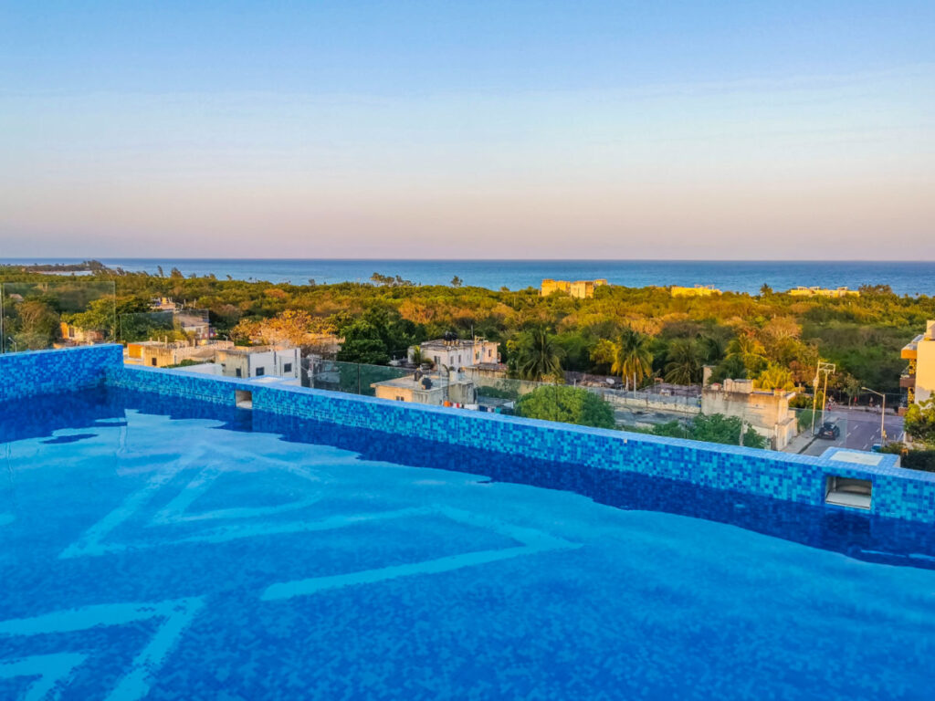 Beach panorama view at infinity pool on rooftop in Playa del Carmen