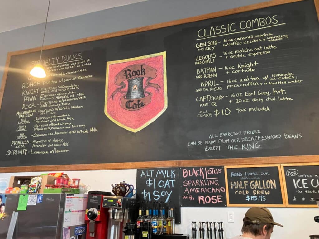 View of the menu inside the Rook Cafe in Freret neighborhood