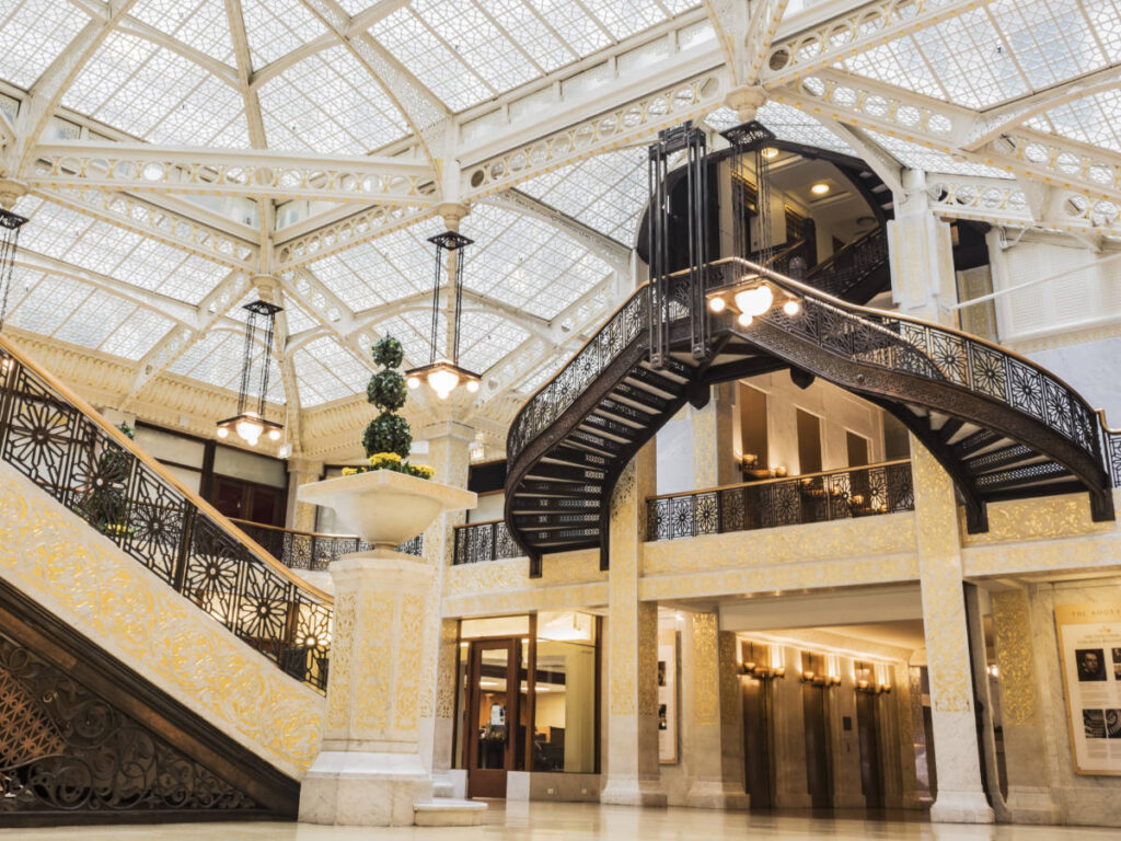 View of the interior in the lobby of the Rookery Building