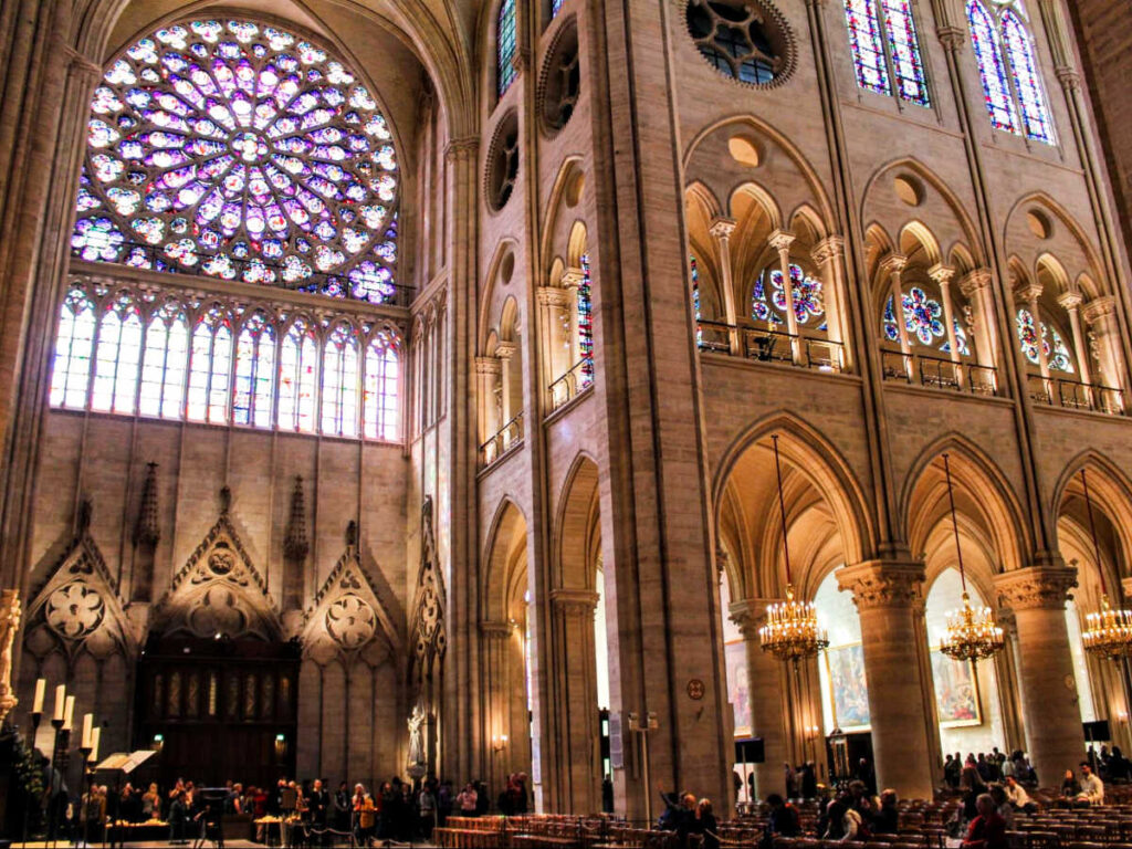 View of the rose windows inside the Notre Dame Cathedral