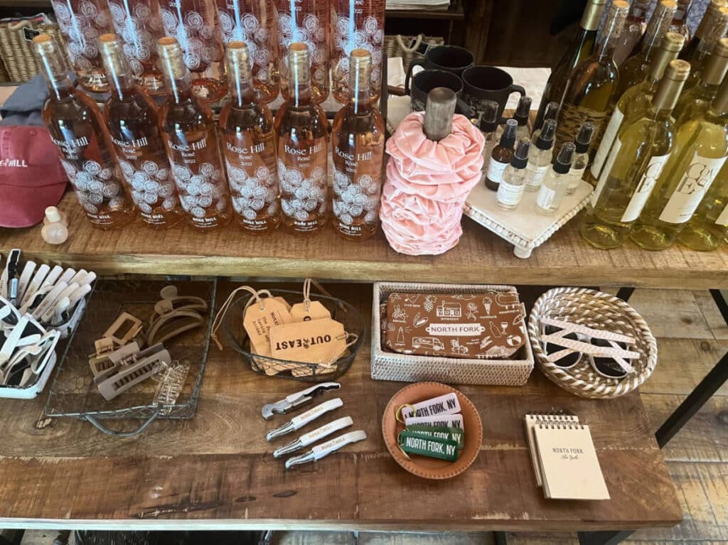 Bottle of wines and souvenirs displayed in Rose Hill Vineyards