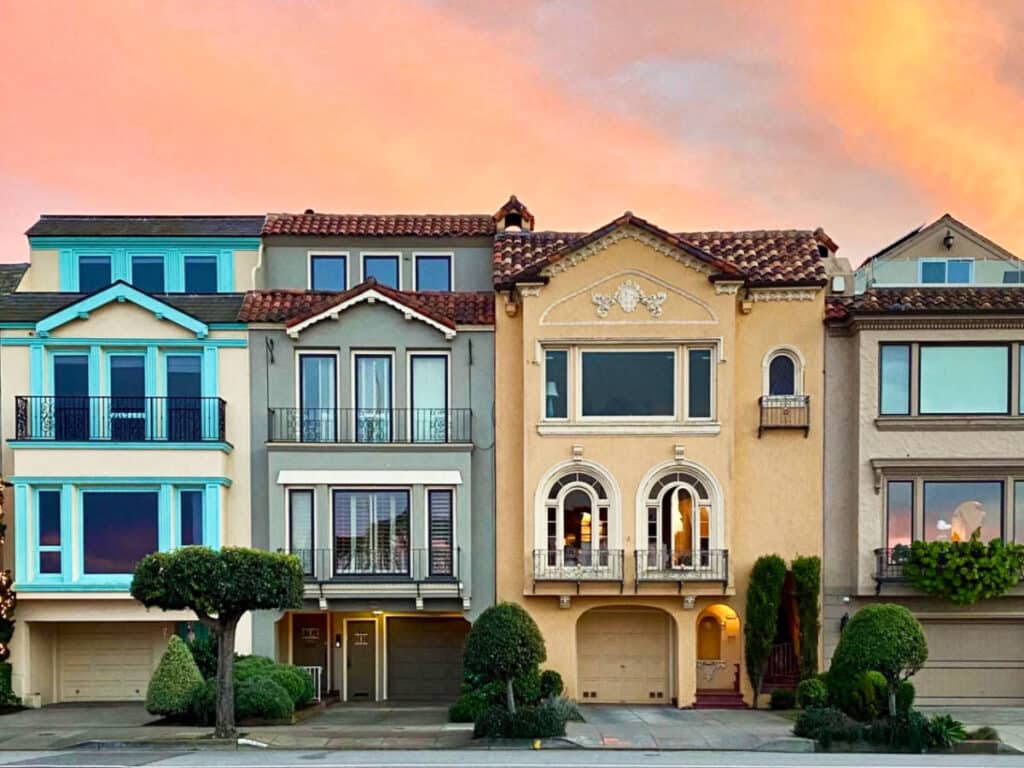 View of the classy row homes at the Marina during sunset