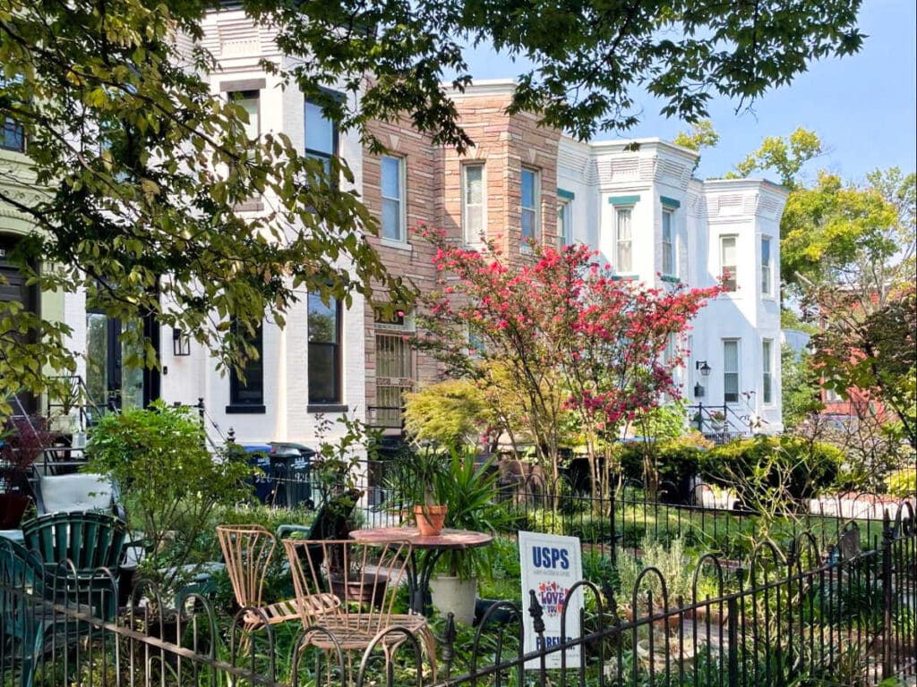 View of the beautiful row houses surrounded with greenery in the neighborhood of Capitol Hill