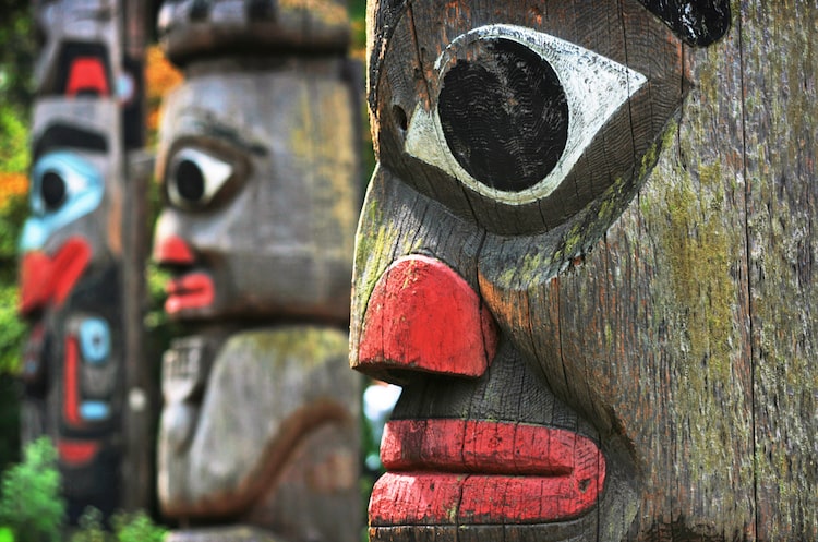 Painted totem poles in the Royal British Columbia Museum on Vancouver Island