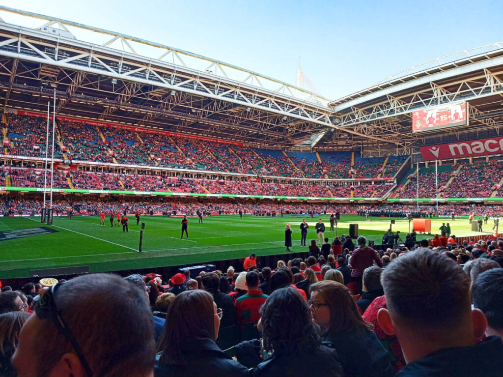 View of the crowd watching a rugby game at the Principality Stadium