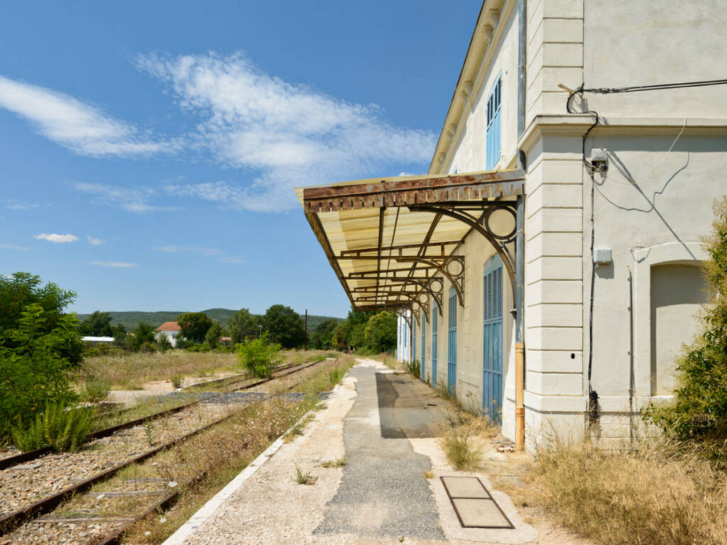 View of the empty waiting area of the rural French train station