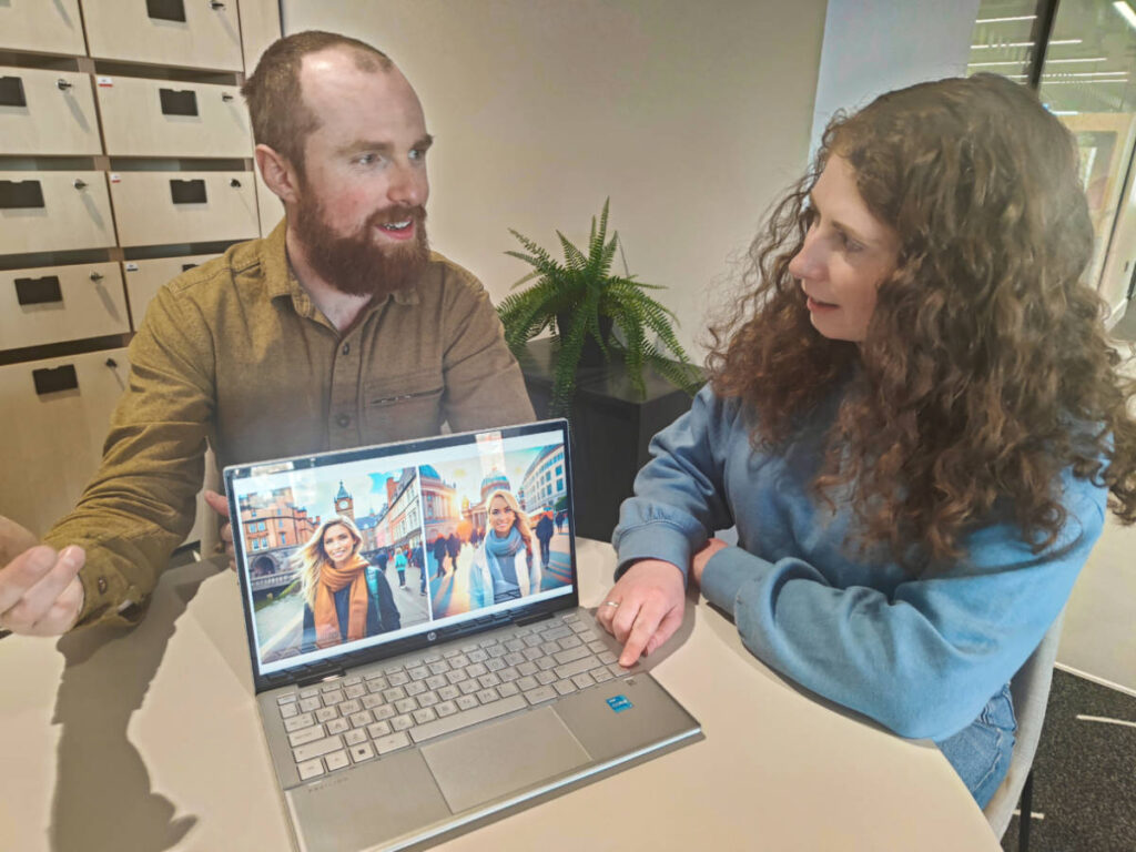The author Ruthie and Morgan discussing about the AI generated images of a woman in Berlin and a woman in Cardiff, on the laptop screen