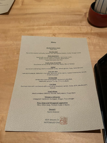 View of the Ryokan dinner menu