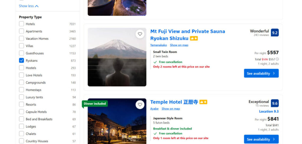 The Ryokan property type in Booking.com