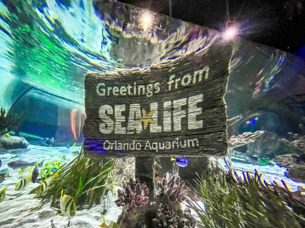 View of the the welcome signage of SEA LIFE Orlando Aquarium inside the aquarium